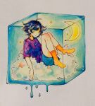  1boy ahoge ankle_socks blue_shorts closed_eyes closed_mouth cloud colored_pencil_(medium) commentary crescent_moon dripping english_commentary fingernails frown full_body highres hoshi-pan in_cube inktober male_focus mole mole_under_eye moon no_shoes original photo_(medium) purple_hair purple_shirt shirt short_hair short_sleeves shorts sitting_on_cloud socks solo star_(symbol) t-shirt traditional_media yellow_socks 