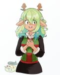  1girl 1other animal_ears antlers black_skirt black_sleeves blush_stickers braid braided_bangs breasts buck_teeth ceres_fauna collar collared_shirt deer_antlers deer_ears deer_girl deltarune dme1 flower freckles green_hair green_sweater_vest grin hair_between_eyes hair_flower hair_ornament heterochromatic_eyewear highres hololive hololive_english long_sleeves medium_breasts medium_hair mole mole_under_eye nervous noelle_holiday open_mouth own_hands_together pink-tinted_eyewear red_sweater_vest reindeer_antlers reindeer_girl sapling_(ceres_fauna) shirt skirt smile spamton_g._spamton sweatdrop sweater_vest teeth tinted_eyewear white_collar white_flower white_shirt white_wrist_cuffs yellow-tinted_eyewear yellow_eyes 