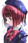  1girl absurdres arima_kana beret black_ribbon blue_jacket blunt_bangs bob_cut bow bowtie commentary from_side hat hat_bow hat_ribbon highres jacket long_sleeves looking_to_the_side medium_hair oshi_no_ko pink_bow pink_bowtie red_eyes red_hair ribbon school_uniform shion_(1016_shio) shirt smile solo upper_body white_background white_shirt wing_collar youtou_high_school_uniform 