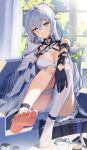  1girl :d black_gloves breasts bronya_zaychik bronya_zaychik_(silverwing:_n-ex) cellphone cleavage couch curtains day dress earrings fled full_body gloves grey_eyes grey_hair grin hair_ornament highres honkai_(series) honkai_impact_3rd id_card indoors jewelry lanyard large_breasts long_hair looking_at_viewer no_shoes panties phone single_thighhigh sitting smile soles solo table teeth thighhighs toes tree underwear very_long_hair white_dress white_panties white_thighhighs window 