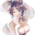  1girl ahoge animal_ears arm_at_side bare_arms bare_shoulders black_hair blue_eyes breasts brown_hair center_frills center_opening cleavage collared_shirt ear_ornament earclip frilled_shirt frilled_shirt_collar frills fuji_kiseki_(umamusume) gem grey_hair hand_on_own_chest hand_up highres horse_ears index_finger_raised kirihara_(010010004) lips looking_at_viewer medium_breasts medium_hair multicolored_hair no_bra no_jacket one_eye_closed pale_skin parted_bangs parted_lips shirt sleeveless sleeveless_shirt smile solo two-tone_hair umamusume upper_body white_shirt wing_collar 
