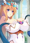  1girl aphrodite_(kamihime_project) bare_shoulders blonde_hair blue_eyes blush breasts brooch cleavage covered_navel dot_nose eari frills hair_between_eyes highres huge_breasts indoors jewelry kamihime_project long_hair looking_ahead open_mouth parted_lips solo tentacles tiara upper_body 