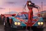  1girl alternate_costume azur_lane car commission full_body headlights highres japanese_flag kcar66t long_hair mazda mazda_787b motor_vehicle mountain product_placement race_vehicle racecar racetrack racing_suit second-party_source spoiler_(automobile) vehicle_focus zuikaku_(azur_lane) 