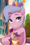  absurd_res beverage blue_eyes container crown cup equid equine female fur hasbro headgear hi_res hooves jewelry mammal marenlicious mlp_g5 my_little_pony necklace pegasus pink_body pink_fur queen_haven_(mlp) sitting smile solo tea tea_cup wings 