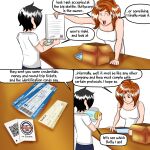  black_hair box brown_hair cardboard cardboard_box container dialogue duo english_text female fluffy_pony furniture hair hi_res human inshi male mammal paper plane_tickets simple_background table text white_background 
