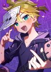  1boy absurdres aqua_eyes aruminsuko blonde_hair electric_guitar fang flying_sweatdrops guitar highres holding holding_instrument hood hoodie instrument kagamine_len looking_at_viewer roki_(vocaloid) short_hair smile sparkle sweatdrop vocaloid 