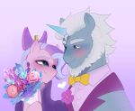  &lt;3 alphabittle_blossomforth_(mlp) aztrial beard blue_eyes blush bouquet bow_tie clothing duo equid equine facial_hair flower flower_bouquet grey_hair hair hasbro hi_res horn lapel_pin mammal mlp_g5 multicolored_hair my_little_pony plant purple_hair queen_haven_(mlp) two_tone_hair unicorn 