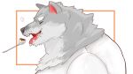  2021 anthro antiobaka bodily_fluids canid canine canis clothing fur grey_body grey_fur humanoid male mammal muscular nurirast open_mouth pink_inner_ear saliva saliva_on_tongue shirt solo solo_focus tongue tongue_out topwear white_clothing white_shirt white_topwear wolf 