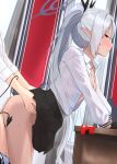  1boy 1girl ass blue_archive blush breasts clothes_pull collared_shirt dark-skinned_female dark_skin doggystyle grey_hair halo hetero highres iori_(blue_archive) long_hair long_sleeves medium_breasts mintchoco_(minchothudong) pants pants_pull pointy_ears red_eyes ribbon sex sex_from_behind shirt skirt skirt_pull solo_focus sweat tail torso_grab twintails 