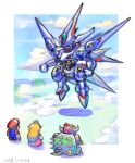  1girl 2boys blonde_hair bowser cloud commentary_request crossover floating from_behind full_body hat highres long_hair mario mario_(series) mecha multiple_boys oomasa_teikoku princess_peach robot spiked_shell standing super_mario_rpg white_background xenogears xenogears_(mecha) 