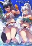  2girls alternate_costume alternate_hairstyle animal_ears arctic_fox_(kemono_friends) bare_arms bare_legs bare_shoulders bikini blush commission extra_ears fox_ears fox_girl fox_tail grey_hair hair_between_eyes highres kemono_friends kemono_friends_3 long_hair matching_outfits midriff multiple_girls navel official_alternate_costume one_eye_closed open_mouth ponytail sarong sidelocks silver_fox_(kemono_friends) smile spaghetti_strap splashing swimsuit tadano_magu tail translation_request water water_gun white_bikini white_hair white_sarong wrist_cuffs 