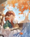  1girl :3 alternate_costume autumn_leaves blue_eyes book bow braid brown_eyes brown_hair casual chair cup dress earrings granblue_fantasy haaselia hair_ribbon harvin head_rest holding holding_cup jewelry long_dress long_hair official_art pointy_ears rabbit ribbon single_braid sitting smile solo table tree white_rabbit_(animal) window 