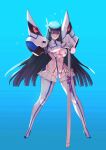  1girl absurdres armor bakuzan black_hair blue_background boots breasts cleavage collar gloves groin hair_between_eyes highres holding holding_sword holding_weapon kill_la_kill kiryuuin_satsuki large_breasts long_hair looking_at_viewer micro_panties navel onionsix666 panties pauldrons revealing_clothes shoulder_armor simple_background slingshot_swimsuit suspenders swimsuit sword thigh_boots thighhighs underwear weapon white_armor white_gloves white_thighhighs 