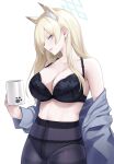  1girl absurdres animal_ear_fluff animal_ears bare_shoulders black_bra black_pantyhose blonde_hair blue_archive bra breasts cleavage clenched_teeth commentary cowboy_shot cup grey_eyes grey_jacket highres holding holding_cup jacket kanna_(blue_archive) large_breasts long_hair long_sleeves looking_at_viewer mug off_shoulder panties panties_under_pantyhose pantyhose sharp_teeth simple_background solo standing stomach svet_yomi teeth underwear very_long_hair white_background 