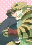  anthro blush brown_hair chubby_protagonist_(tas) duo felid fur hair hi_res human kissing kusarikakemono lifewonders macan_(tas) male male/male mammal muscular muscular_anthro muscular_male overweight pantherine pecs romantic romantic_couple size_difference striped_body striped_fur stripes tiger tokyo_afterschool_summoners yellow_body yellow_fur 