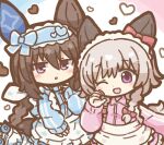  2girls admire_vega_(umamusume) animal_ears apron blue_bow blue_jacket blush bow braid brown_hair chibi curren_chan_(umamusume) ear_covers grey_hair hair_between_eyes hair_bow hairband heart horse_ears horse_girl jacket jersey_maid long_hair long_sleeves looking_at_viewer maid_apron maid_headdress multiple_girls official_alternate_costume one_eye_closed open_mouth pink_jacket purple_eyes shitou_(fuwatoga) single_ear_cover sleep_mask smile track_jacket twin_braids umamusume white_apron 