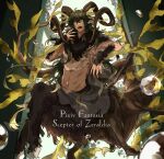  1boy absurdres air_bubble animal_ear_fluff animal_ears artist_name brown_fur brown_horns bubble centauroid chimera completely_nude curled_horns dark-skinned_male dark_skin fangs fins full_body green_background grey_hair highres hooves horizontal_pupils horns long_hair looking_at_viewer male_focus monster_boy neck_fur nude open_mouth pixiv_fantasia pixiv_fantasia_scepter_of_zeraldia see-through_shawl shawl sheep_ears sheep_horns sidelocks solo taur tozakuro_s underwater very_long_hair yellow_eyes 