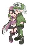  2girls arm_grab baseball_cap black_footwear black_hair black_shorts black_skirt boots brown_eyes callie_(splatoon) cellphone closed_eyes closed_mouth commentary cousins earrings english_commentary gomipomi green_headwear green_pantyhose grey_hair hand_in_pocket hat hat_ornament highres holding holding_phone jacket jewelry long_hair long_sleeves low_twintails marie_(splatoon) miniskirt mole mole_under_eye multiple_girls open_clothes open_jacket open_mouth pantyhose phone pointy_ears ponytail purple_headwear purple_jacket purple_socks selfie shirt shoes short_hair short_shorts shorts simple_background skirt smartphone smile sneakers socks splatoon_(series) splatoon_1 squidbeak_splatoon standing standing_on_one_leg star_(symbol) star_hat_ornament swept_bangs t-shirt tentacle_hair track_jacket twintails very_long_hair waving white_background white_shirt zipper 