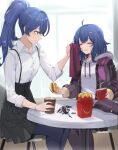  2girls absurdres adapted_costume ahoge alternate_hairstyle black_pantyhose black_skirt blue_eyes blue_hair burger buttons closed_eyes closed_mouth collarbone cup disposable_cup fast_food fire_emblem fire_emblem_awakening food french_fries happy_meal highres holding holding_food hood long_hair long_sleeves lucina_(fire_emblem) morgan_(fire_emblem) multiple_girls pantyhose ponytail ritence shirt short_hair skirt smile soda white_shirt 