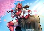  2022 7:5 absurd_res asian_clothing asian_mythology bandage blonde_hair bottomwear bra breasts cleavage clothed clothing club_(weapon) demon east_asian_clothing east_asian_mythology female hair hakama hi_res horn humanoid japanese_clothing japanese_mythology kanabō melee_weapon mythology nekochanoff not_furry oni red_body red_skin shirt solo tied_shirt topwear underwear weapon wraps yokai 