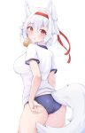  1girl animal_ear_fluff animal_ears ass blue_buruma bread breasts buruma closed_mouth cowboy_shot food headband inubashiri_momiji looking_at_viewer looking_back mouth_hold red_eyes rururiaru shirt short_hair short_sleeves solo tail touhou white_background white_hair white_shirt wolf_ears wolf_girl wolf_tail 