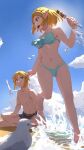  1boy 1girl absurdres asuka-w barefoot beach bikini bird blonde_hair blue_bikini blue_eyes blue_sky food highres holding holding_food legs link medium_hair navel ocean pointy_ears princess_zelda seagull sky smile splashing stomach swimsuit the_legend_of_zelda the_legend_of_zelda:_tears_of_the_kingdom toenails toes 