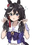  1girl alternate_hairstyle animal_ears back_bow black_hair blue_eyes bow commentary_request hair_between_eyes hair_down hair_ornament highres horse_ears horse_girl horse_tail katsuragi_ace_(umamusume) light_blush long_hair looking_at_viewer multicolored_hair prtn_(ttnx) puffy_short_sleeves puffy_sleeves purple_bow purple_shirt sailor_collar school_uniform shirt short_sleeves simple_background sketch solo streaked_hair summer_uniform tail tassel tassel_hair_ornament tracen_school_uniform triangle_mouth umamusume upper_body white_background white_hair 