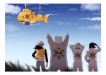  4boys arms_behind_head arms_up bear bepo blue_sky denim gloves hamu_ha_umai hand_on_own_hip hat highres hood hoodie jeans jolly_roger jumpsuit male_focus multiple_boys one_piece pants penguin_(one_piece) polar_bear polar_tang shachi_(one_piece) ship sky submarine symbolism trafalgar_law watercraft yellow_hoodie 