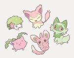  :3 :d alternate_color closed_eyes closed_mouth green_eyes hoppip looking_at_viewer minccino no_humans open_mouth oyul_o pink_eyes pokemon pokemon_(creature) shaymin shaymin_(land) shiny_pokemon skitty smile sprigatito yellow_eyes 