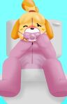  animal_crossing anthro blue_background blush bow_(feature) bow_accessory canid canine canis clothed clothing diaper diaper_under_clothing domestic_dog female footed_sleeper gag gagged hi_res infantilism isabelle_(animal_crossing) mammal nintendo object_in_mouth one_eye_closed pacifier pacifier_gag pacifier_in_mouth padlockedpadding pajamas pink_clothing shih_tzu simple_background sitting_on_toilet solo toilet toy_dog wearing_diaper 