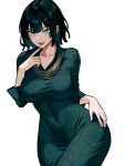  1girl breasts dress fubuki_(one-punch_man) green_eyes green_hair hands_on_own_hips highres jewelry looking_at_viewer necklace one-punch_man short_hair tight_clothes tight_dress zeon_(zzeeonn) 