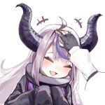  absurdres ahoge black_horns closed_eyes cocoballking collar fingerless_gloves gloves grey_hair happy headpat highres hololive horns la+_darknesss la+_darknesss_(1st_costume) long_hair metal_collar multicolored_hair out_of_frame purple_hair sleeves_past_fingers sleeves_past_wrists streaked_hair striped_horns takane_lui virtual_youtuber 