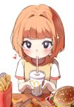  1girl black_eyes blunt_bangs blunt_ends blush bob_cut bright_pupils burger chicken_nuggets closed_mouth commentary cup daughter_(yoru_mac) disposable_cup drink drinking drinking_straw english_commentary food french_fries from_above heart highres holding holding_cup holding_drink light_smile looking_at_viewer looking_up mcdonald&#039;s multicolored_shirt orobou own_hands_together raglan_sleeves red_hair red_shirt sauce sesame_seeds shirt short_hair short_sleeves simple_background smile solo t-shirt table upturned_eyes w_arms white_background white_pupils white_shirt yellow_shirt yoru_mac 