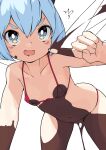  1girl :d bikini blue_eyes blue_hair chocolate chocolate_on_body cirno commentary_request flat_chest food_on_body huxiao_(mistlakefront) index_finger_raised looking_at_viewer micro_bikini navel red_bikini short_hair signature simple_background smile solo swimsuit touhou white_background 