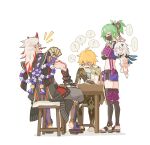  ... 2boys 2girls ? aether_(genshin_impact) ahoge anger_vein arataki_itto arm_armor armor belt black_belt black_footwear black_mask black_nails black_scarf black_thighhighs blonde_hair body_markings bodypaint bracelet brown_footwear brown_gloves brown_shirt card chair club_(weapon) colored_tips crop_top cropped_jacket crossed_arms dress earrings erolcy floating genius_invokation_tcg genshin_impact geta gloves green_hair grey_pants hair_ornament halo highres holding holding_card horns jacket jewelry kanabou kuki_shinobu laughing mask mechanical_halo mouth_mask multicolored_hair multiple_boys multiple_girls ninja ninja_mask oni oni_horns paimon_(genshin_impact) pants purple_jacket purple_rope purple_shorts red_eyes red_horns rope scarf shaded_face shirt short_shorts shorts shoulder_armor simple_background single_earring spiked_bracelet spiked_hair spikes spoken_ellipsis spoken_question_mark sweatdrop table thighhighs topknot vision_(genshin_impact) weapon white_background white_dress white_hair white_scarf 