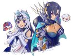  1boy 3girls alear_(female)_(fire_emblem) alear_(fire_emblem) asymmetrical_clothes asymmetrical_hair black_choker black_hair breasts capelet chibi choker cleavage cleavage_cutout clothing_cutout dress elbow_gloves feather_hair_ornament feathers fire_emblem fire_emblem_engage gloves hair_ornament highres jewelry long_hair mochako_(motyako_1005) multicolored_hair multiple_girls necklace nel_(fire_emblem) open_mouth purple_eyes rafal_(fire_emblem) red_eyes short_hair simple_background smile split-color_hair teeth tiara two-tone_hair upper_teeth_only veyle_(fire_emblem) wavy_hair white_background white_gloves white_hair 