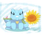  animal_focus blush closed_eyes closed_mouth fangs flower flower_in_mouth mouth_hold no_humans nostrils pokemon pokemon_(creature) sitting solo totodile yellow_flower zeruri 