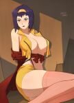  1girl barleyshake black_hair blush breasts cleavage cowboy_bebop faye_valentine feet_out_of_frame grey_eyes hairband highres large_breasts linea_alba looking_at_viewer navel no_bra pink_thighhighs shadow short_hair shorts signature solo thighhighs vest yellow_hairband yellow_shorts yellow_vest 