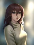  1girl blue_eyes borrowed_character breasts brown_hair commentary commission eyebrows_hidden_by_hair freckles gohpot large_breasts open_mouth original scar scar_on_cheek scar_on_face solo sweater turtleneck turtleneck_sweater upper_body 