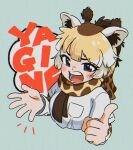  1girl animal_ears appleq blonde_hair blush breasts brown_hair commentary_request cropped_torso giraffe_ears grey_background grey_eyes hands_up highres kemono_friends layered_sleeves long_sleeves looking_at_viewer medium_breasts multicolored_hair open_mouth reticulated_giraffe_(kemono_friends) shirt short_over_long_sleeves short_sleeves simple_background solo thick_eyebrows two-tone_hair upper_body v-shaped_eyebrows white_hair white_shirt 