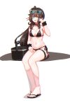  absurdres ahoge arm_scrunchie bikini black_bikini blue_eyes breasts brown_hair choker collarbone commission cooler eyewear_on_head feet female_commander_(girls&#039;_frontline) flip-flops full_body girls&#039;_frontline highres jonasmk large_breasts legs long_hair looking_to_the_side mole_on_body navel open_mouth original ponytail sandals simple_background sitting swimsuit termichan_(not-a-bot) thigh_strap toenails toes very_long_hair 