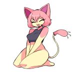  ^_^ anthro barefoot between_thighs bottomless clothed clothing crop_top eyes_closed feet felid feline female fur generation_3_pokemon hands_between_legs mammal multicolored_body nintendo pink_body pink_fur pokemon pokemon_(species) shirt skitty smile solo tail thick_thighs topwear two_tone_body zeemag 