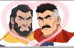  2boys bara black_hair bodysuit cropped_head facial_hair grey_hair heart invincible_(series) konohanaya looking_at_viewer male_focus mature_male multicolored_hair multiple_boys muscular muscular_male mustache omni-man shipping_(fandom) short_hair superhero the_immortal thick_mustache two-tone_hair v-shaped_eyebrows 