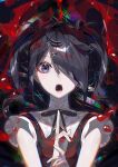  1girl ame-chan_(needy_girl_overdose) black_eyes black_hair black_ribbon blood blood_spray collar collared_shirt eyes_visible_through_hair hair_ornament hair_over_one_eye hiro_(yoshi_chan) long_hair looking_at_viewer neck_ribbon needy_girl_overdose open_mouth red_shirt ribbon shirt solo twintails white_collar x_hair_ornament 