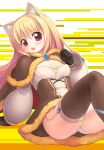  1girl animal_ears bangs black_gloves blonde_hair blush breasts brooch brown_thighhighs cape cat_ears detached_sleeves dress emurin feet_out_of_frame fur-trimmed_cape fur-trimmed_dress fur_trim garter_straps gloves hair_between_eyes highres jewelry long_hair looking_at_viewer official_alternate_costume open_mouth outline panties ragnarok_online red_cape red_eyes short_dress small_breasts smile solo strapless strapless_dress thighhighs two-sided_cape two-sided_fabric two-tone_dress underwear warlock_(ragnarok_online) white_background white_dress white_outline white_panties white_sleeves yellow_background 