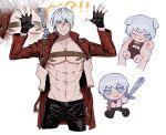  1boy abs ashuiashui119 belt_bra bishounen black_gloves blue_eyes chibi chibi_inset coat dante_(devil_may_cry) devil_may_cry_(series) devil_may_cry_3 fingerless_gloves gloves highres jacket long_hair looking_at_viewer pale_skin red_coat red_queen_(sword) white_hair 