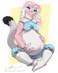  2023 4:5 ais05 anthro belly big_belly blue_eyes blush breasts clothed clothing digital_media_(artwork) female fur gerudo_outfit hair hi_res looking_at_viewer lumi_(paledrake) mammal mustelid musteline navel paledrake pregnant pregnant_female simple_background smile solo stoat true_musteline weasel white_body white_fur 