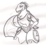  2015 alien anthro arm_quills big_breasts breasts cleavage clothed clothing cuisse dragon-heart energy_shield fangs female halo_(series) hand_on_hip head_crest holding_object holding_shield ibie&#039;shan kig-yar looking_at_viewer microsoft monochrome pupils quill_hair scales scalie shield short_tail simple_background sketch sleeves slit_pupils solo standing tail teeth white_background xbox_game_studios 