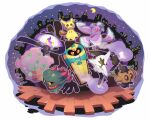  alolan_marowak bone closed_eyes cofagrigus colored_sclera crescent_moon eagle_(pixiv8177028) holding holding_bone lampent mimikyu misdreavus moon night no_humans orange_eyes oricorio oricorio_(sensu) phantump pokemon pokemon_(creature) skyline smoke spiritomb star_(sky) yellow_eyes yellow_sclera 