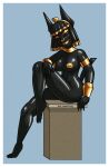  ankhmara anthro antischwert anubian_jackal canid canine canis egyptian_headdress english_text female gold_(metal) gold_jewelry hi_res jackal jewelry mammal nude pinup pose sculpture solo statue statufication text 